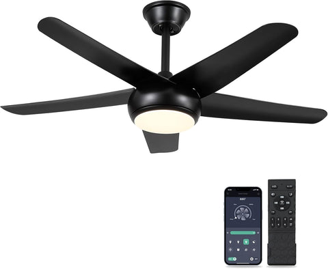 44" Black Ceiling Fan with Lights - Low Profile Ceiling Fans with 5 Reversible Blades, 6 Wind Speeds and Dimmable, Indoor/Outdoor Ceiling Fan Light for Bedroom