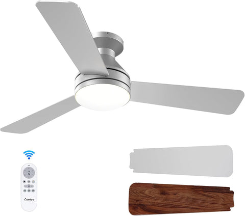 Ceiling Fans with Lights, 42 inch Low Profile Ceiling Fan with Light and Remote Control, Flush Mount, Reversible, 3CCT, Dimmable, Noiseless, Silver Ceiling Fan for Bedroom, Indoor/Outdoor Use