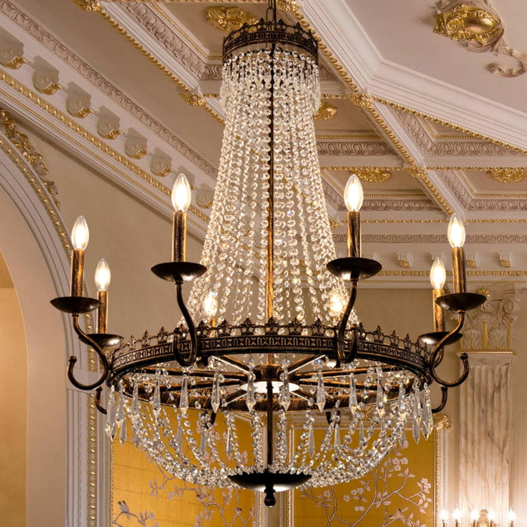 Crystal Chandeliers, Vintage French Empire Chandelier 8 Lights, Farmhouse Dining Room Light Fixture, Rustic High Ceiling Chandelier for Living Room, Foyer, Staircase, Bronze, 36.4" D x 40.5" H A108-B0CY1CBDN2