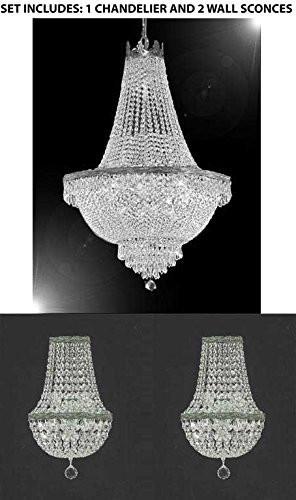 Set Of 3 - 1 French Empire Crystal Chandelier Lighting H30" X W24" And 2 Empire Crystal Wall Sconce Crystal Lighting W 9.5" H 18" D 5" - 1Ea-Silver/870/9 + 2Ea-Cs/4/5/Wallsconce A500-