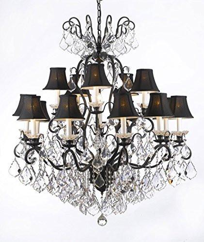 Swarovski Crystal Trimmed Chandelier Wrought Iron Crystal Chandelier Lighting With Black Shades W38" H44" - A500-Blackshades/556/16 Sw