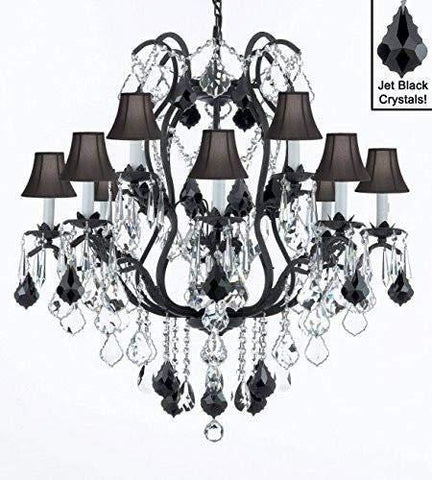 Wrought Iron Crystal Chandelier Lighting Chandeliers H36" W36" with Black Shades! - A500-SC/BLACKSHADE/B20/3034/10+5