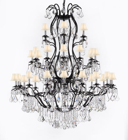 Large Foyer / Entryway Wrought Iron Chandelier Lighting With Crystal And White Shades H60" X W52" - A500-Sc/Whiteshade3031/36+1